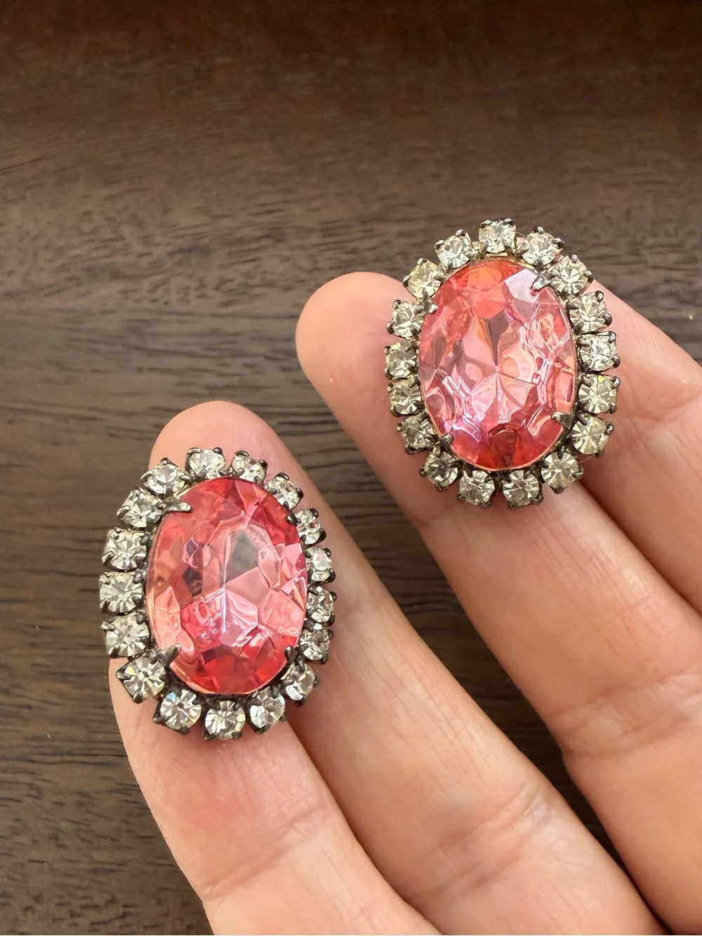 Pink Oval Crystal Glass Rhinestone Halo Silver Tone Stud Earrings - Picture 2 of 5